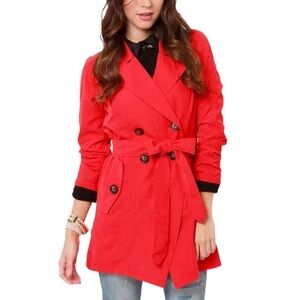 BB Dakota by Jack Hans Coral Red Trench Coat Double Breasted Sz L